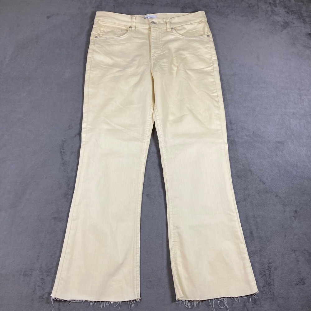 Zara Womens High Waisted Flare Leg Raw Hem Jeans Cream Yellow Size 8